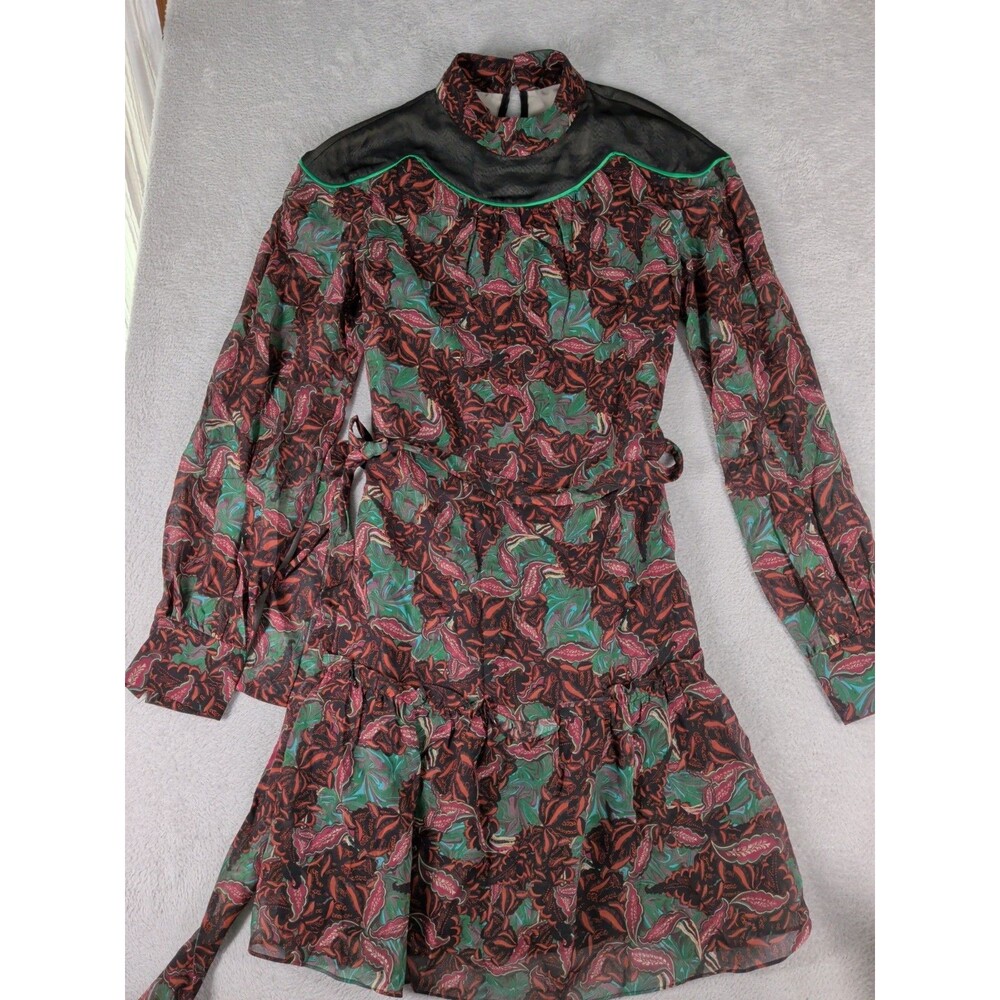 Saloni Silk Dress US 6 Green Floral Botanical Print Knee Long Sleeve High Neck